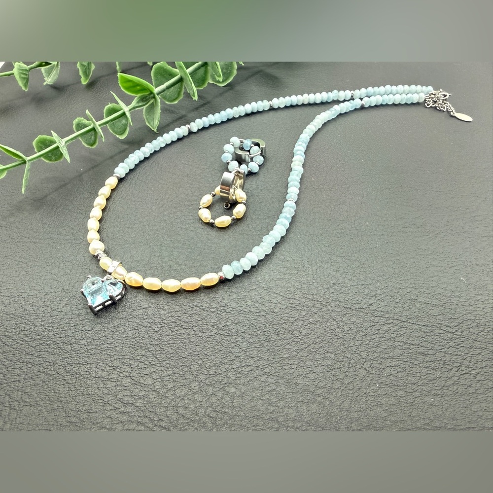 Light Blue and pearl beads Heart Pendant Necklace and earrings set